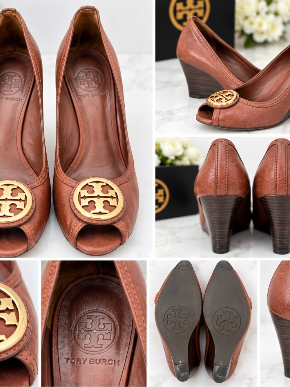 Tory Burch Brown Leather Peep-Toe Wedges with Gold Logo Medallion